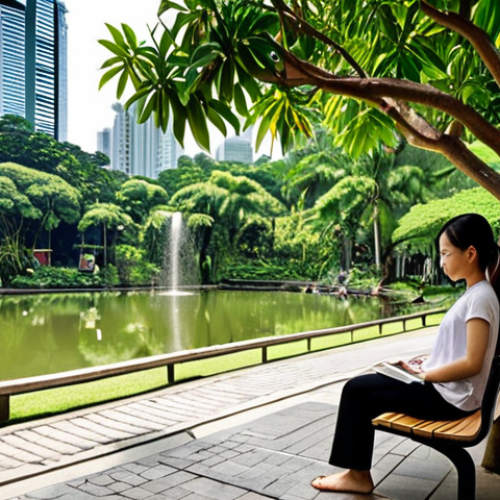 Home 4 **Prompt:** A tranquil urban oasis in a vibrant Southeast Asian city, resembling Kuala Lumpur. Lush 'pocket park' with serene green spaces, a small water feature, and modern city skyline in the soft background. Individuals are immersed in quiet, mindful activities: one person meditating under a leafy tree, another reading peacefully on a park bench, and a few strolling leisurely. The atmosphere is calm and inviting, showcasing finding peace amidst urban bustle, with warm, natural light.