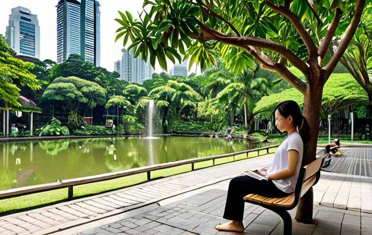 **Prompt:** A tranquil urban oasis in a vibrant Southeast Asian city, resembling Kuala Lumpur. Lush 'pocket park' with serene green spaces, a small water feature, and modern city skyline in the soft background. Individuals are immersed in quiet, mindful activities: one person meditating under a leafy tree, another reading peacefully on a park bench, and a few strolling leisurely. The atmosphere is calm and inviting, showcasing finding peace amidst urban bustle, with warm, natural light.